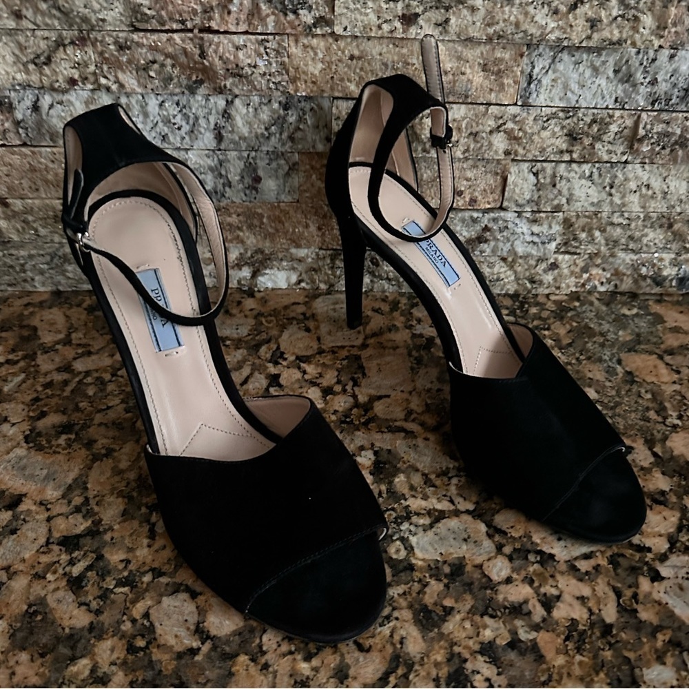 Prada Sued Ankle Strap Pump Sandals